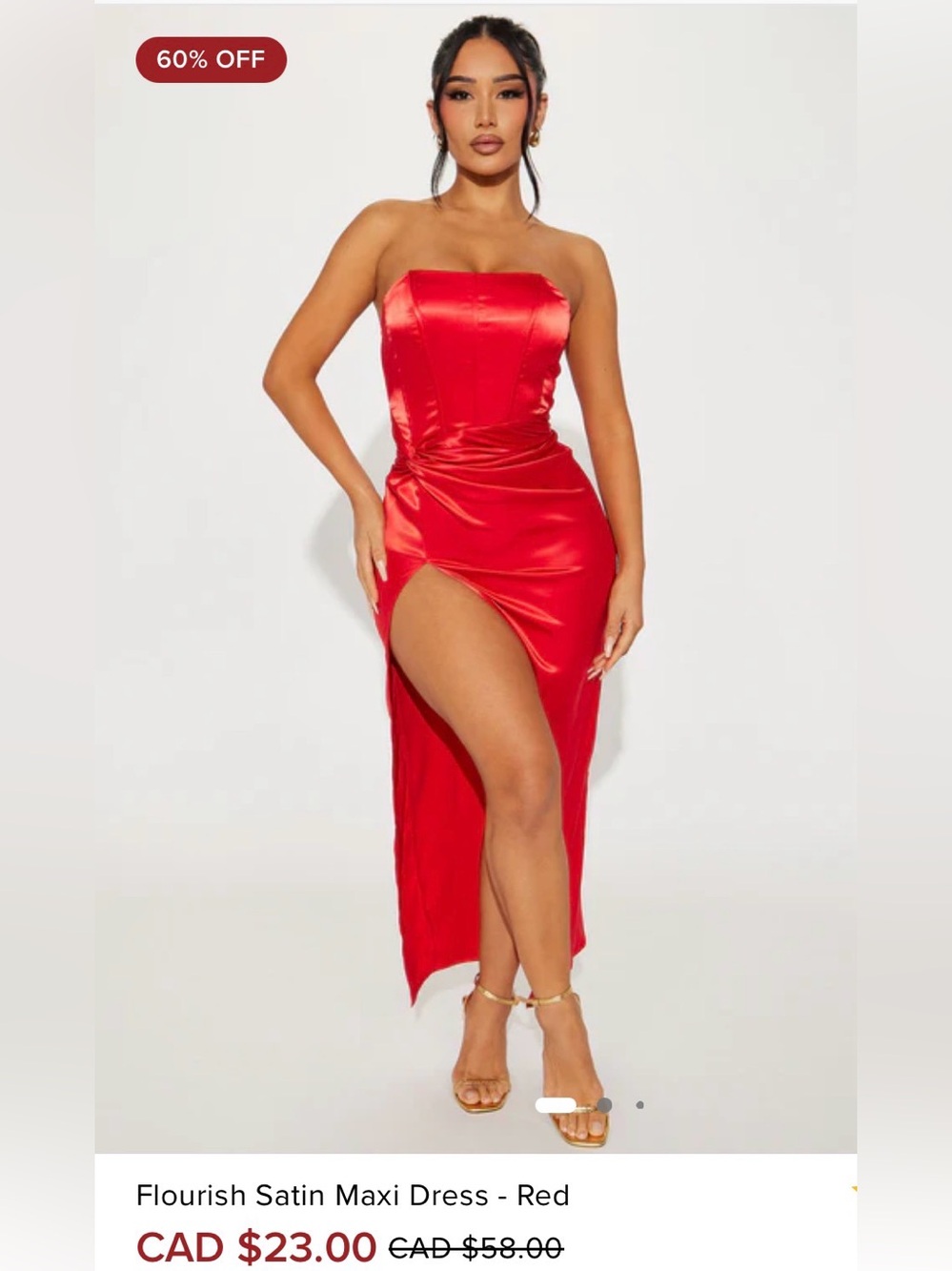 Fashion Nova Red Strapless Satin High-Slit Maxi Dress